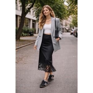 Black Satin Lace Trim Slip Skirt Midi Minimalist Chic Paris Style Cool Girl Sz S